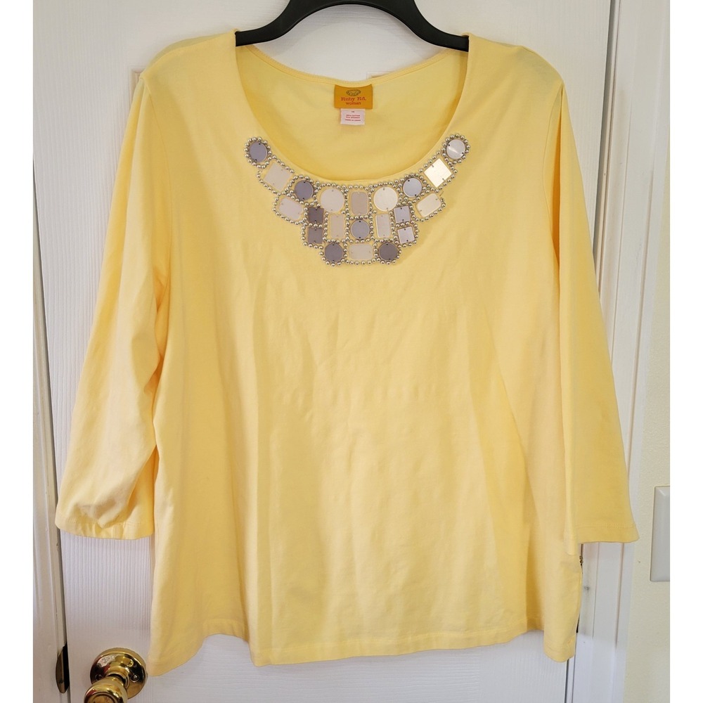 Ruby Rd Top Size 1X Embellished Pullover Butter Yellow Beaded Jersey Knit AS IS